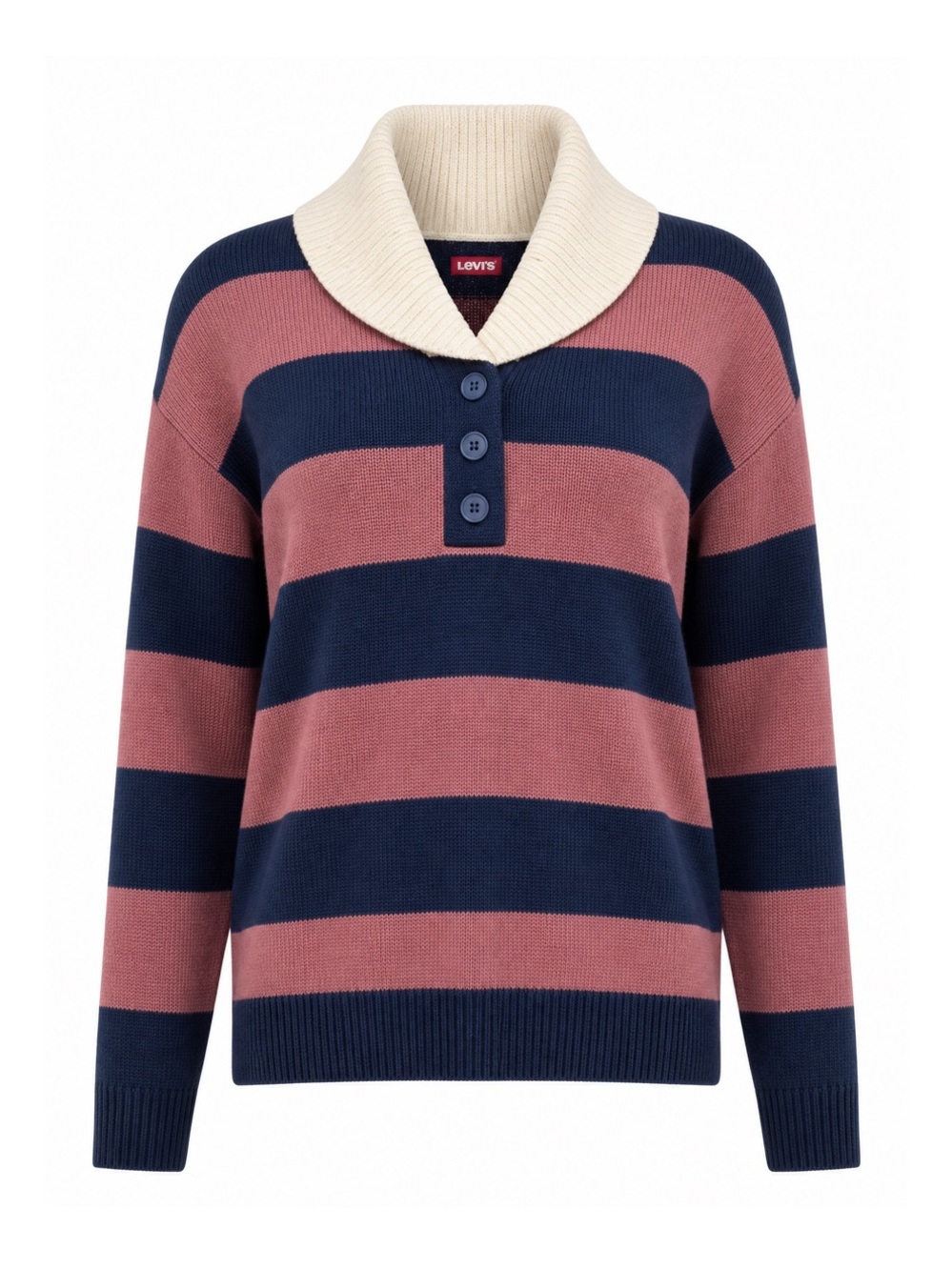 Levi's Striped Knit Sweater Navy Mauve Shawl Collar Henley Medium Grandpa Rugby